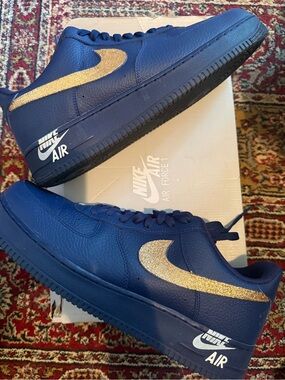 Nike Air Force 1 Low Midnight Navy Sneakers - Royal Blue with Gold Swoosh